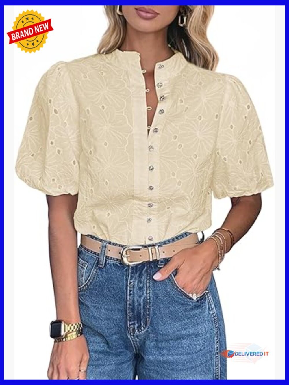 Women's Boho Lace V-Neck Button Down Blouse - Lightweight Cotton - Short Sleeve